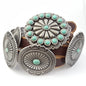 Genuine Distressed Leather Western Concho Belt with Faux Turquoise Stone Buckle