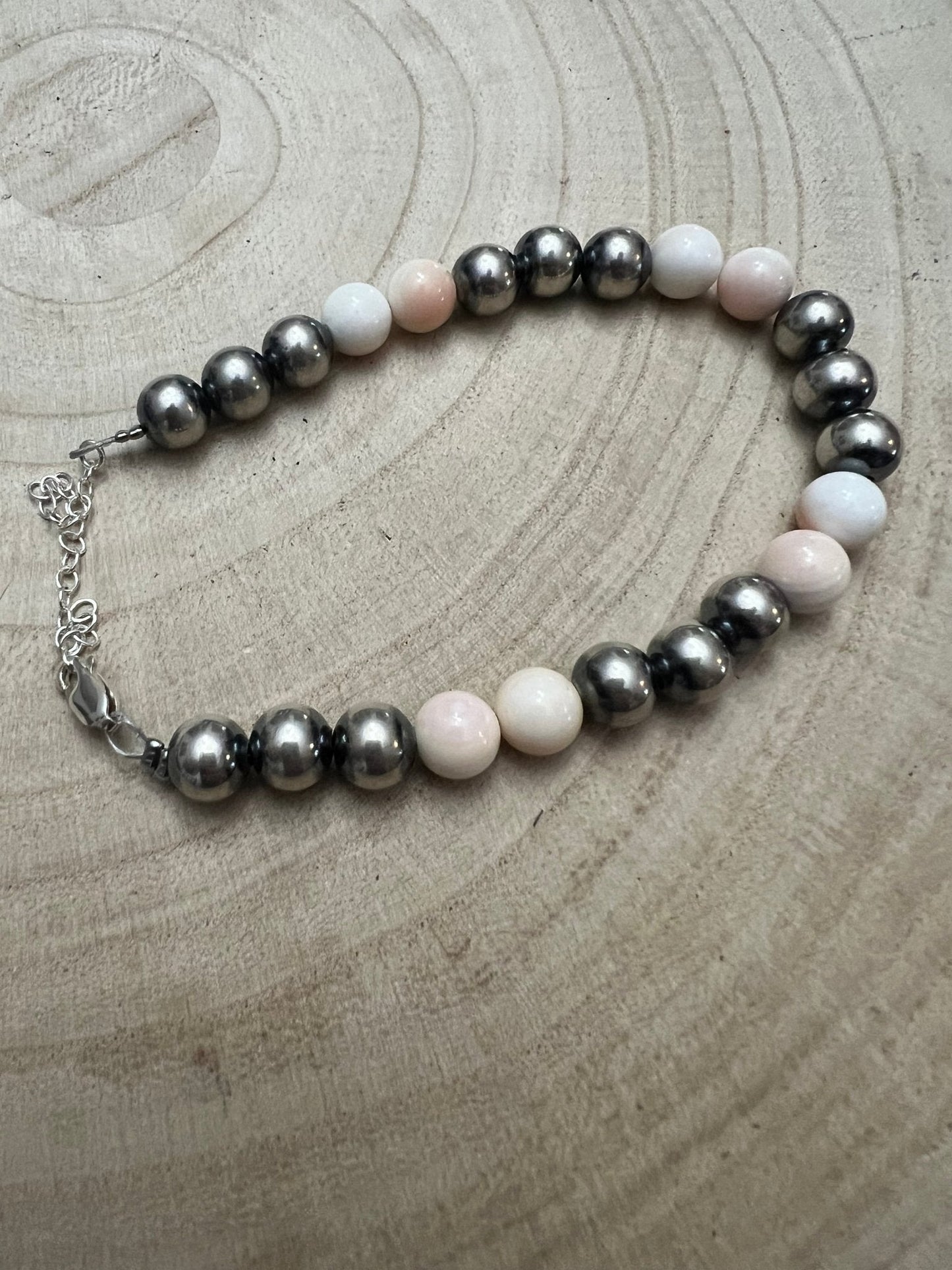 8mm Sterling Silver Pearls bracelet with pink conch beads - 6 inch bracelet