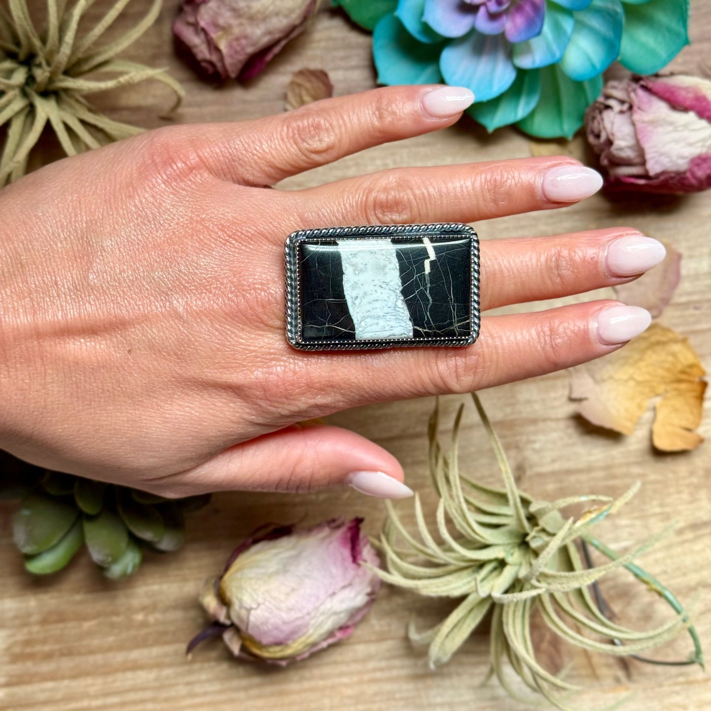 MJ White Buffalo Ring – Sterling Silver Adjustable Band