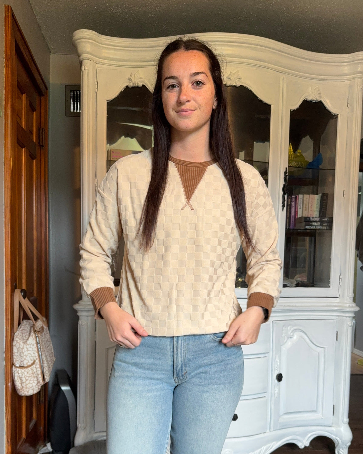 Checker Textured Long Sleeve Top