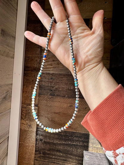18 Inch 5 mm sterling silver pearls necklace with RARE Lapis mix with spiny & turquoise rondelle beads