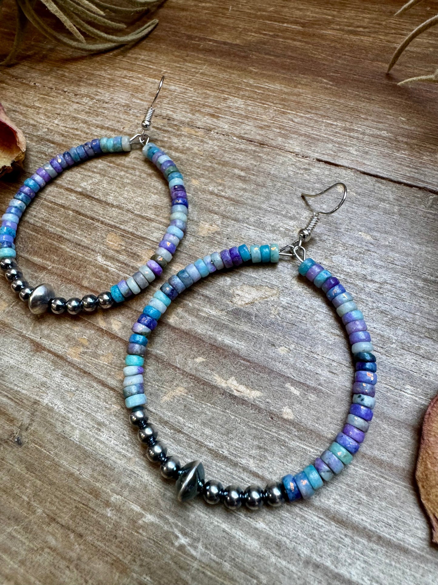 Hoop Earrings with Purple Dolomite Heishi & Sterling Silver Pearls