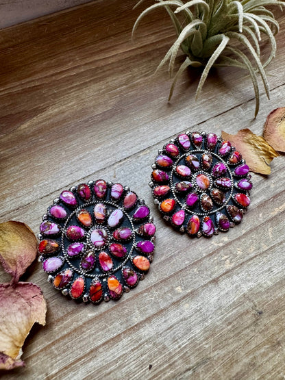 Giant Cluster Earrings – Pink Dahlia Color & Sterling Silver - One of a kind