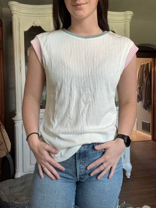 Colorblock Corded Knit Crew Neck Tee