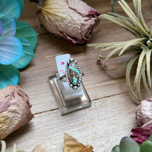 133 - Sterling Silver Ribbon Royston Turquoise Medicine Man Eye Stamped Stacking Ring by Jason Ogg