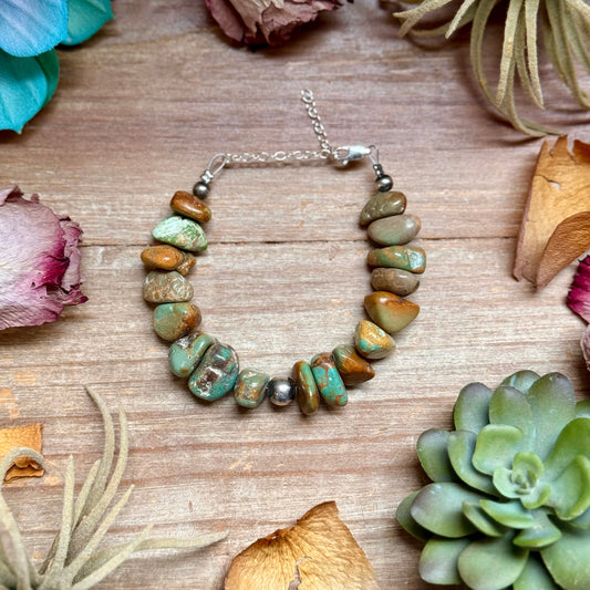 Green Turquoise Nugget Bracelet with Sterling Silver Pearls – 7” + Extender
