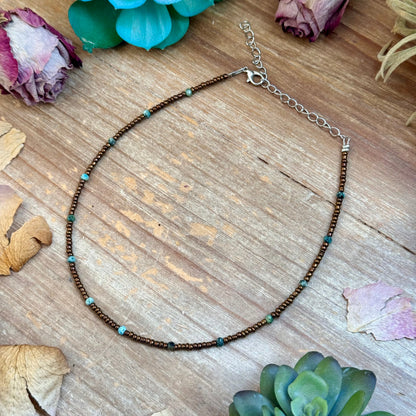 Turquoise & Copper Glass Bead Choker 14”