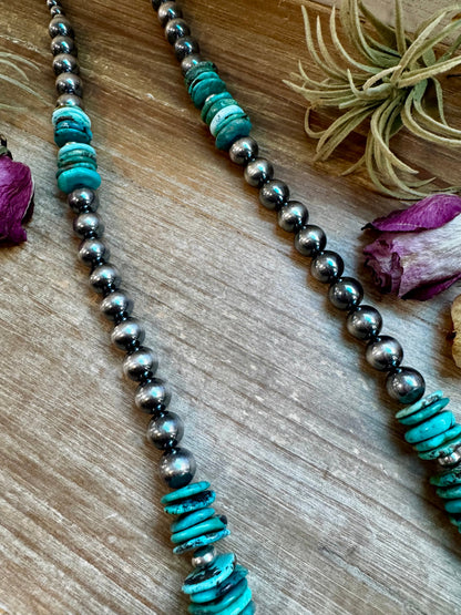 NFR Collection Necklace – 8mm, 10mm & 14mm Sterling Silver Pearls with Turquoise – Handmade by The Bijoux FAB – 37"