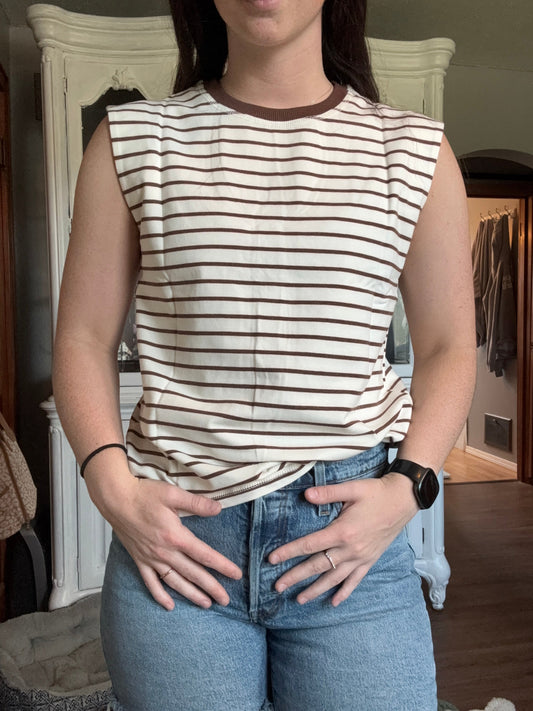 Stripe Ribbed Trim Round Neck Tank Top