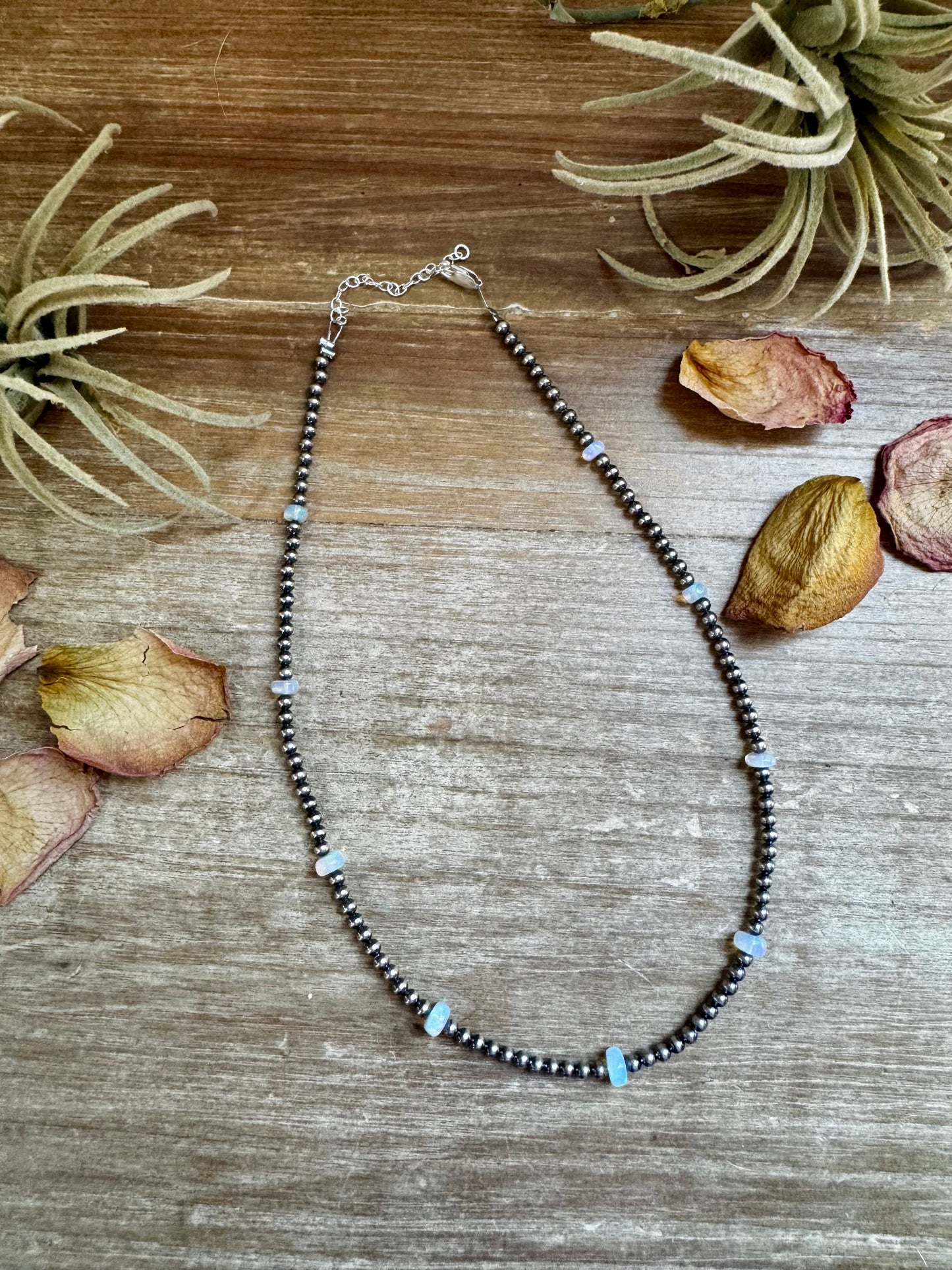 15" White Opal Necklace with Sterling Silver Pearls