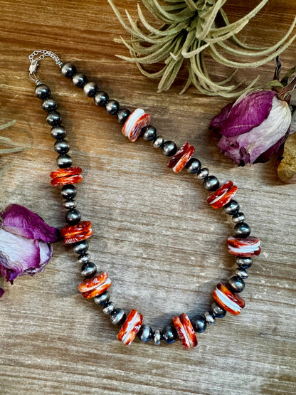 NFR Collection Necklace – 10mm Sterling Silver Pearls with 20mm Red Spiny Oyster – Handmade by The Bijoux FAB – 19"