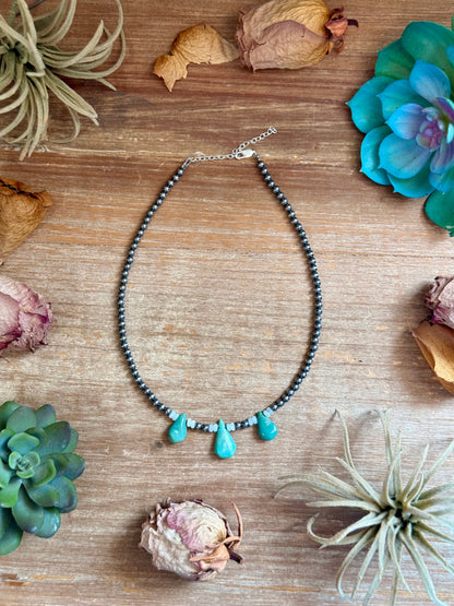 Turquoise Teardrop & Freshwater Pearl Necklace