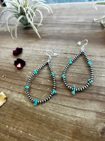 3 mm teardrop earrings Sterling Silver pearls with blue turquoise nuggets