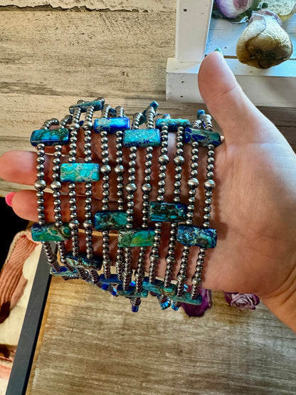 Navy Double Strand Necklace – 13” Beaded – Sterling Silver Pearls & Rectangle Variscite