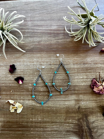 3 mm teardrop earrings Sterling Silver pearls with blue turquoise nuggets