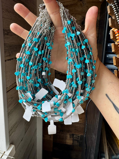 14-Inch Antique Silver Seed Bead Necklace with Turquoise Heart