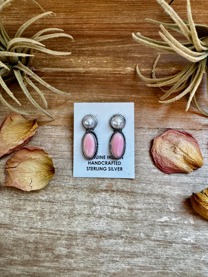 Mother of Pearl & Pink Conch Stud Earrings – Sterling Silver, Post Top, 1.5 Inch, Stamped Marcella James