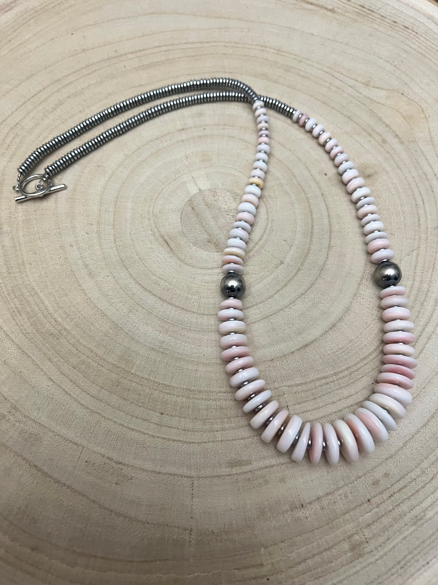 Pink Conch Graduated Necklace with 10mm Sterling Pearl — 22 inch (Handmade in North Texas)