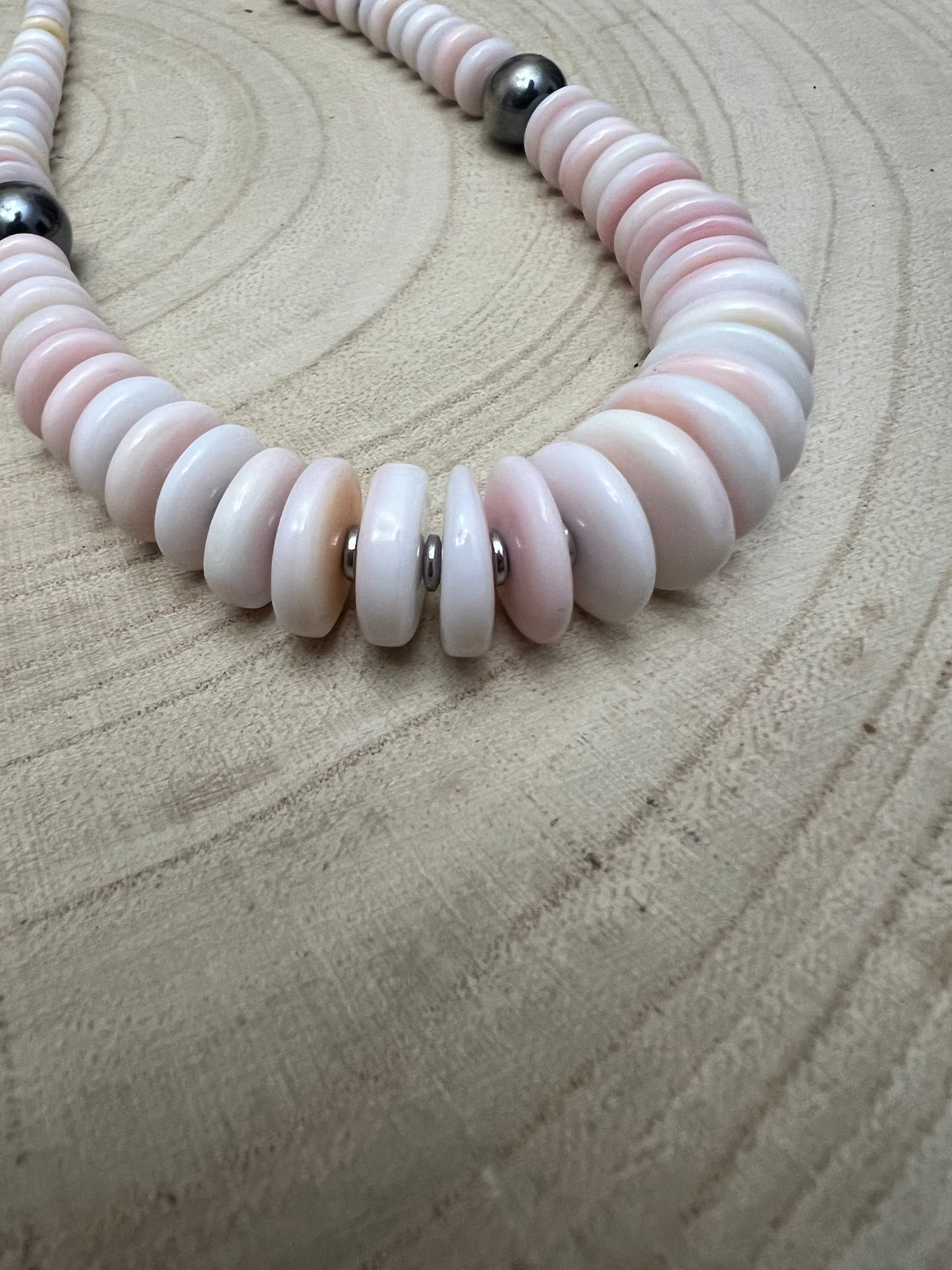Pink Conch Graduated Necklace with 10mm Sterling Pearl — 22 inch (Handmade in North Texas)