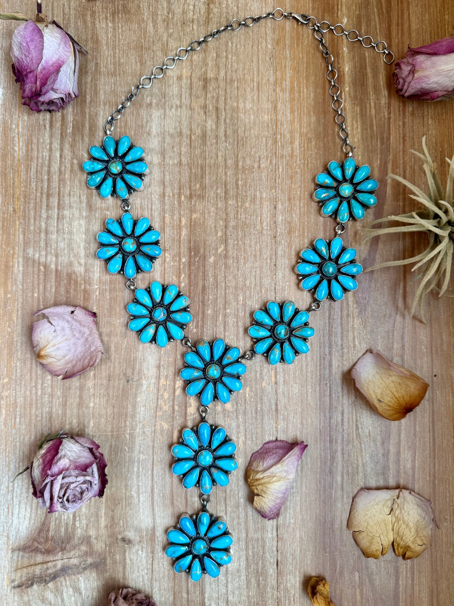 Sterling Silver Kingman Turquoise Flower Lariat Necklace – 25 Inch + 5½ Inch Drop – Native Made by A. Spencer – USA Made