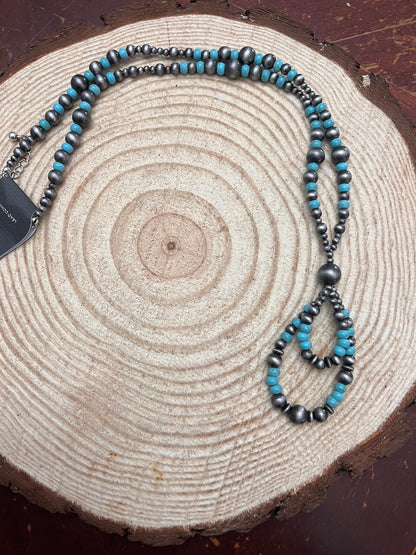 Western Faux Sterling Pearl Teardrop Pendant Necklace with Faux Turquoise — 21 Inch with Extender
