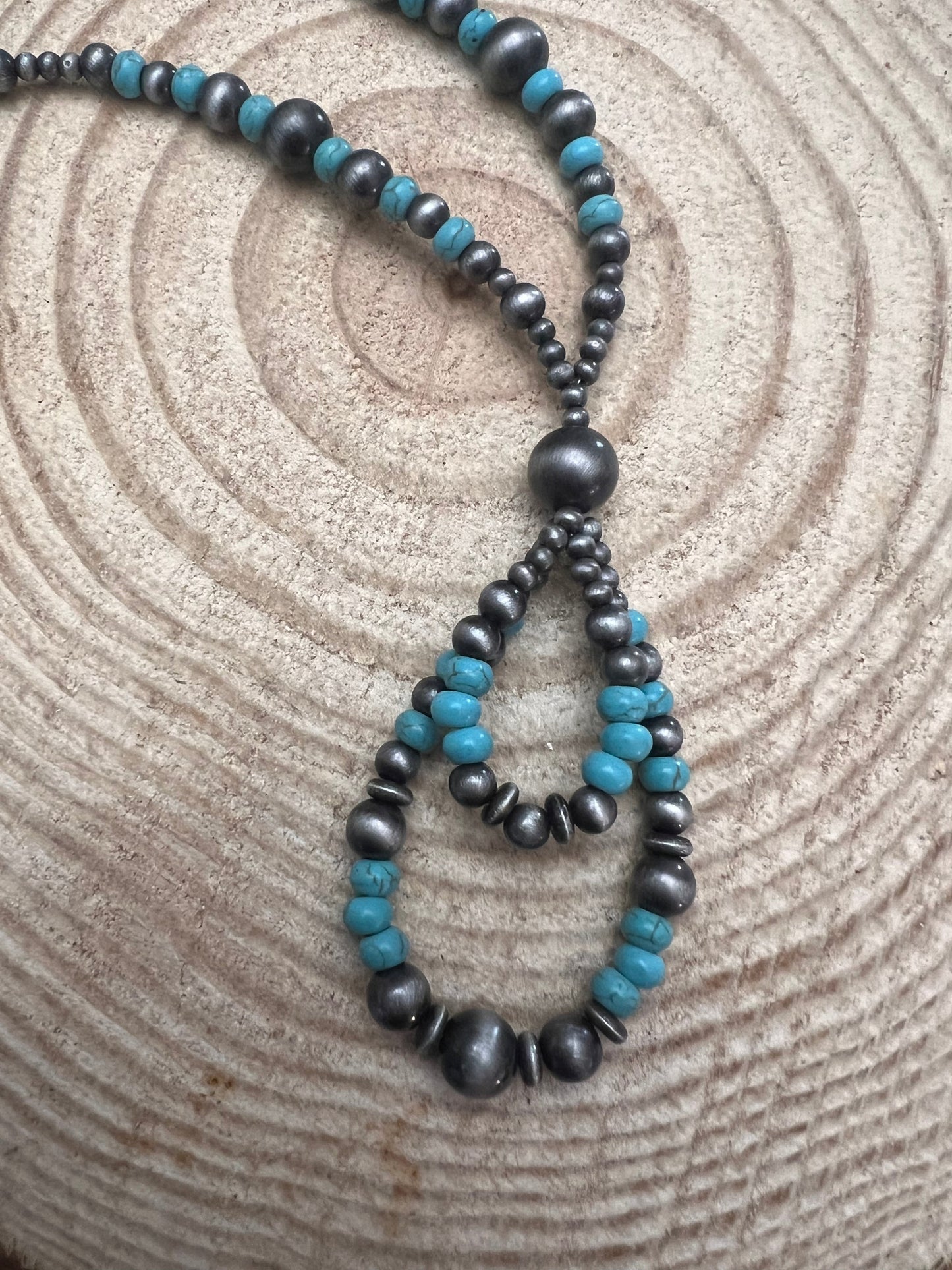 Western Faux Sterling Pearl Teardrop Pendant Necklace with Faux Turquoise — 21 Inch with Extender
