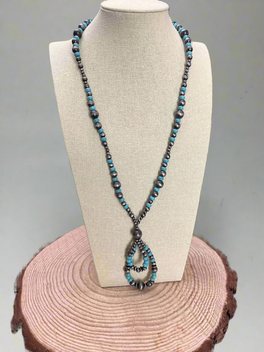 Western Faux Sterling Pearl Teardrop Pendant Necklace with Faux Turquoise — 21 Inch with Extender