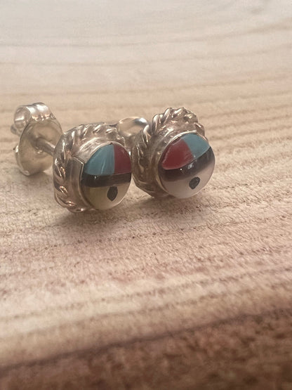 Devoria Bowakay Zuni Multi-Stone Inlay Sterling Silver Stud Earrings — 1/4"