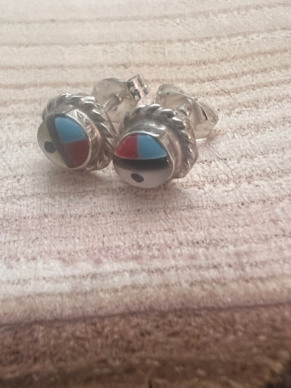 Devoria Bowakay Zuni Multi-Stone Inlay Sterling Silver Stud Earrings — 1/4"