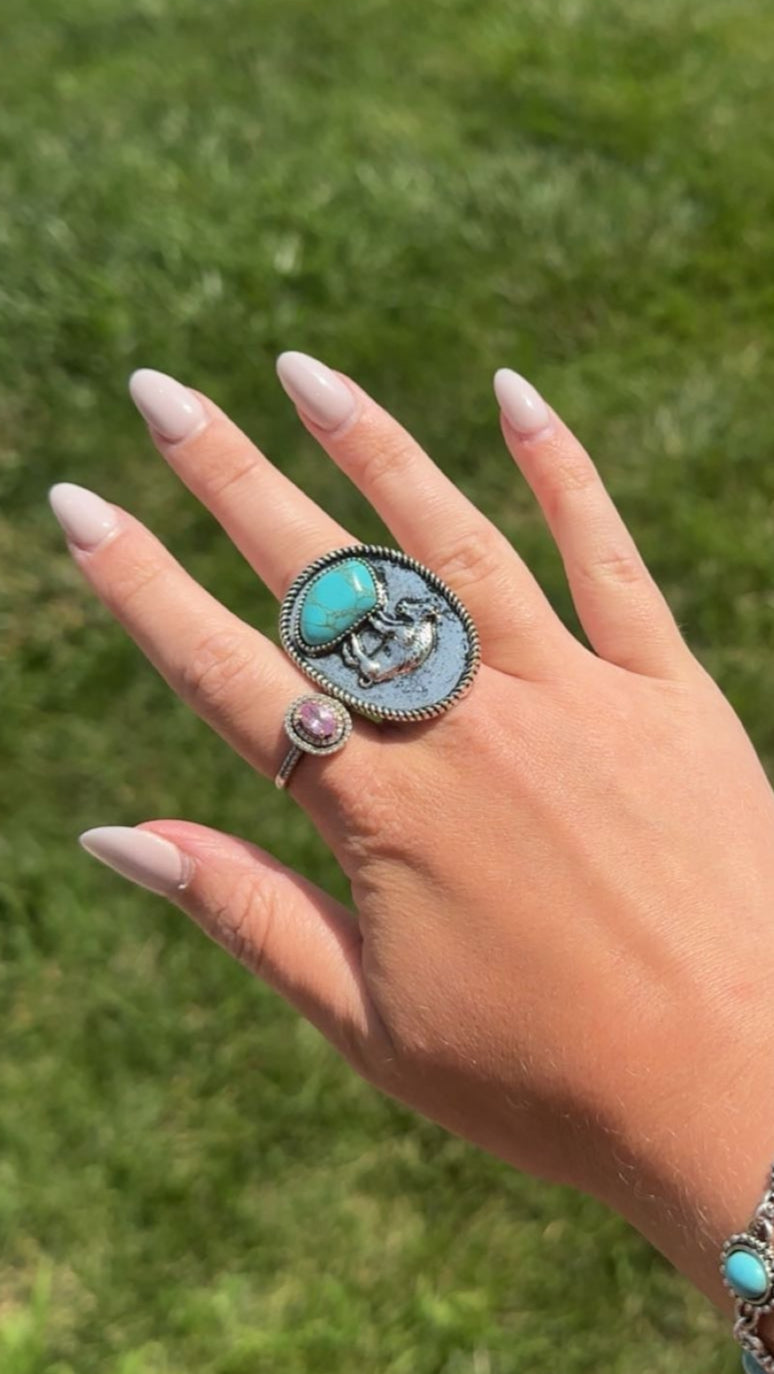 Western Faux Buffalo Coin & Faux Turquoise Nugget Adjustable Ring — Wild West Hand Statement