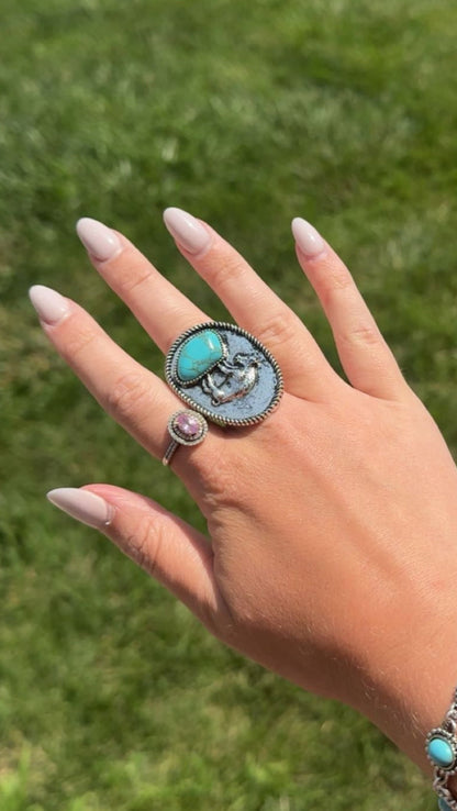Western Faux Buffalo Coin & Faux Turquoise Nugget Adjustable Ring — Wild West Hand Statement