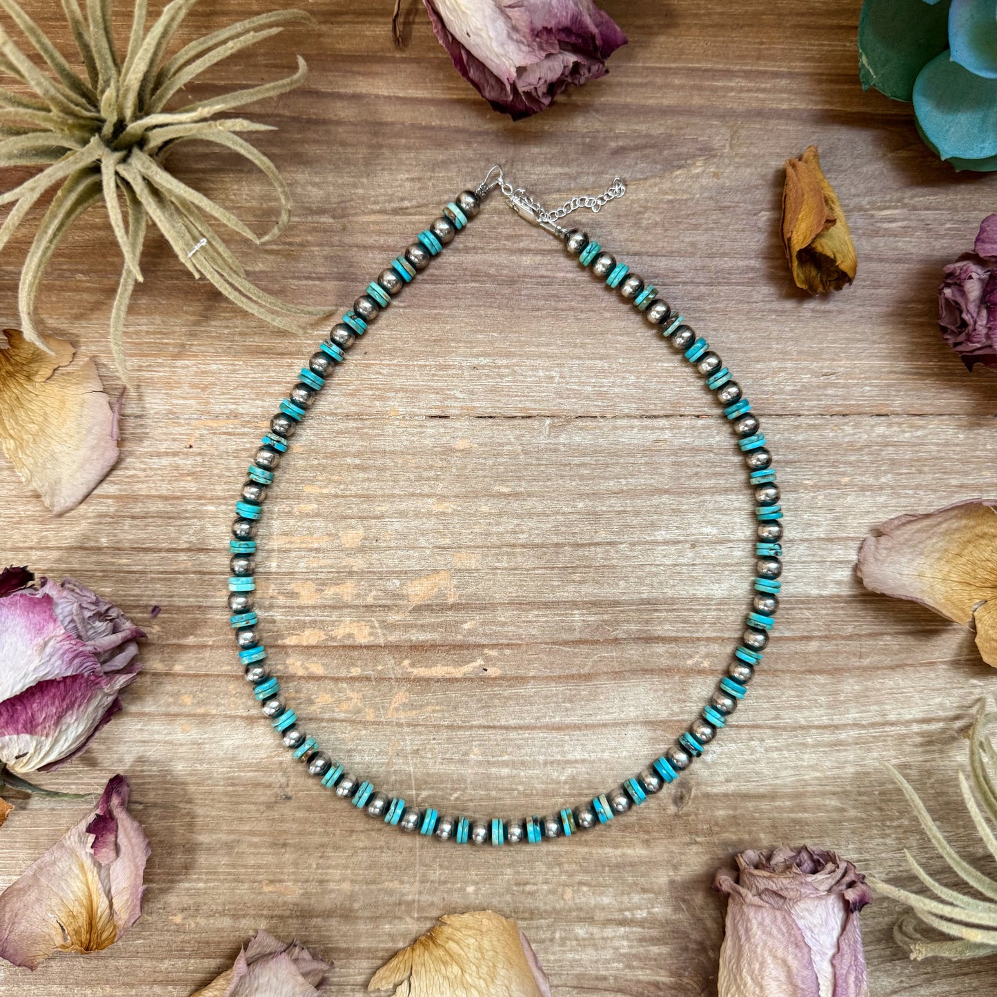 Sterling Silver & Turquoise Heishi Necklace – 16.5” – 6 mm Sterling Pearls
