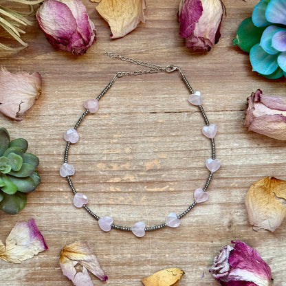 Rose Quartz Heart Seed Bead Choker