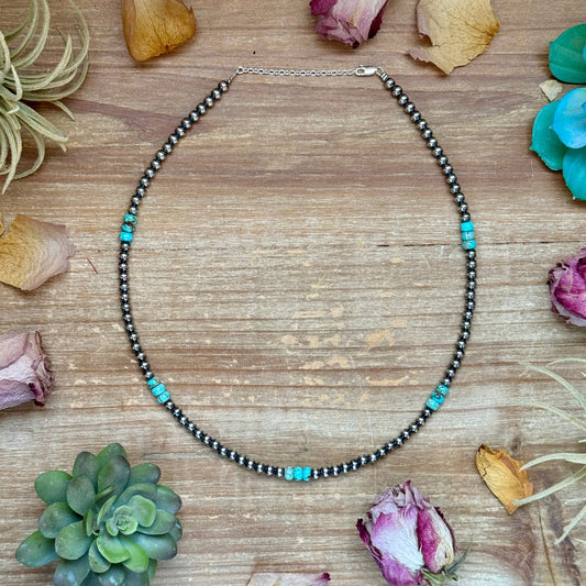 Sterling Silver Pearl Necklace with Turquoise & Variscite Rondelles – 19.5”