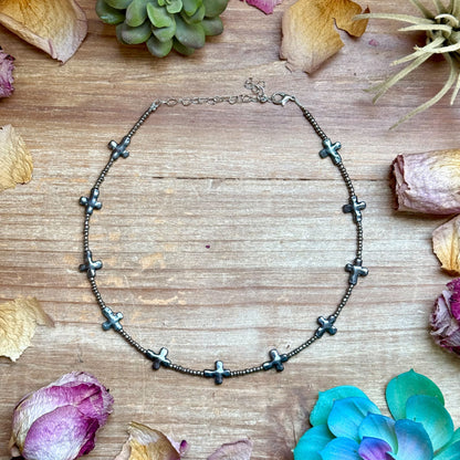 15” Cross Necklace – Glass Seed Beads with Silver Plated Cross