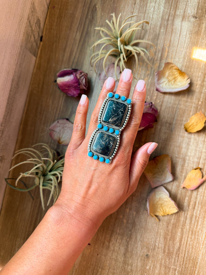 Black Jack & Kingman Turquoise Sterling Silver Statement Ring – Adjustable