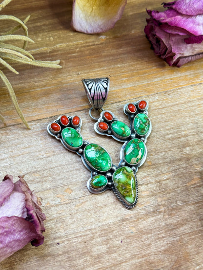 Sterling Silver Cactus Pendant with Sonoran Turquoise & Coral – Native Made by Charles Johnson