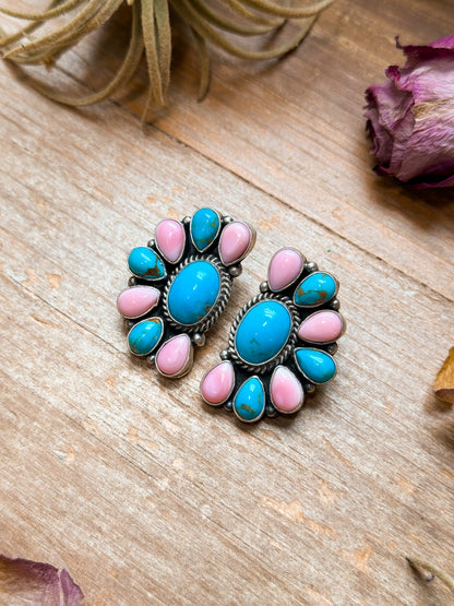 Sterling Silver Pink Conch & Kingman Turquoise Half Cluster Earrings – Native Made by E. Richards (Navajo Artist)