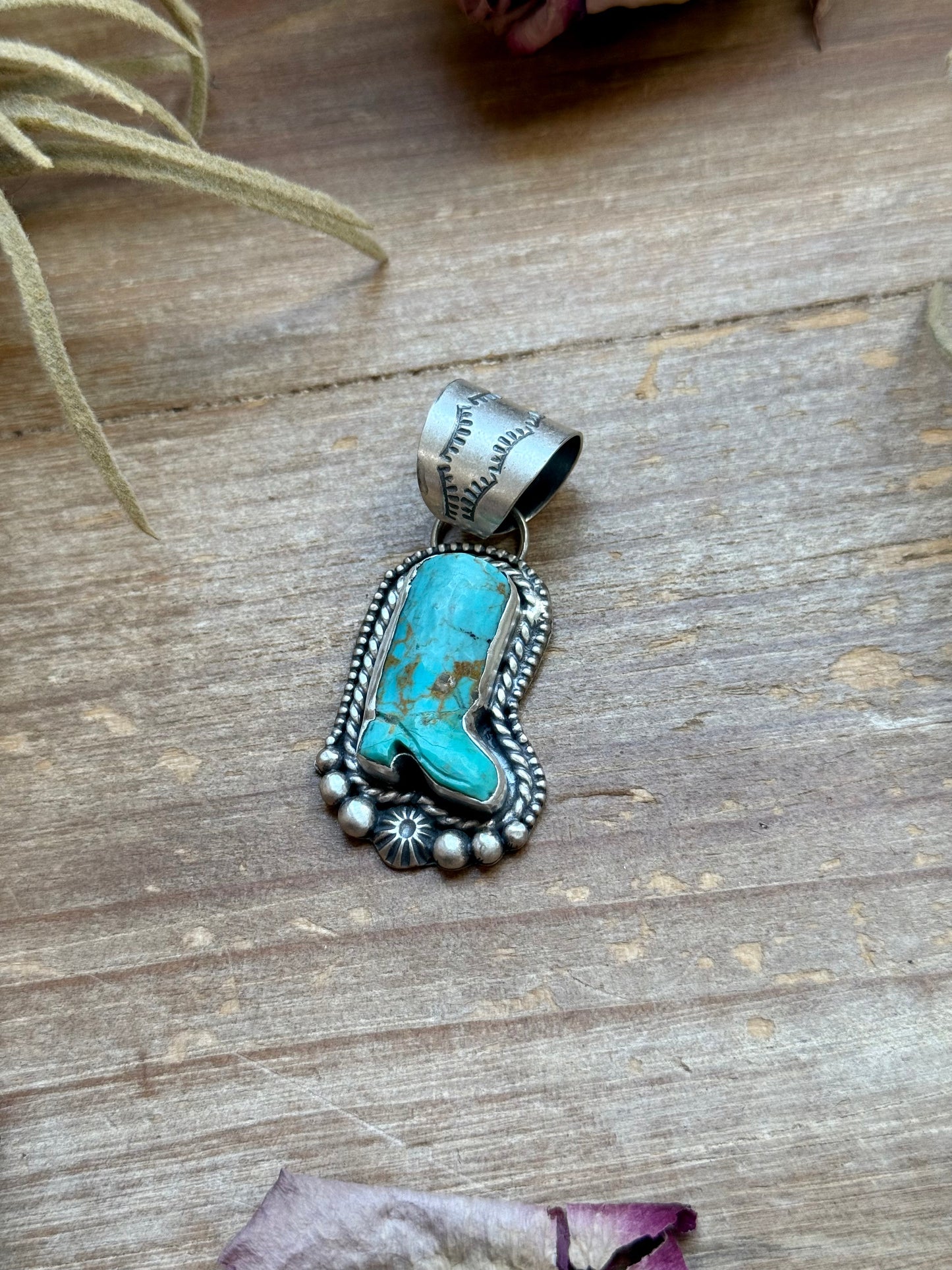 Sterling Silver Kingman Turquoise Cowboy Boot Pendant – Handmade by Artist Shay Pfeiffer