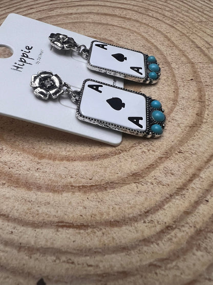 Ace of Spades Western Earrings with Faux Turquoise — 2" Drop
