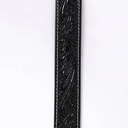 Genuine American Hand-Tooled Leather Belt — Western Unisex Black Belt with Removable Buckle