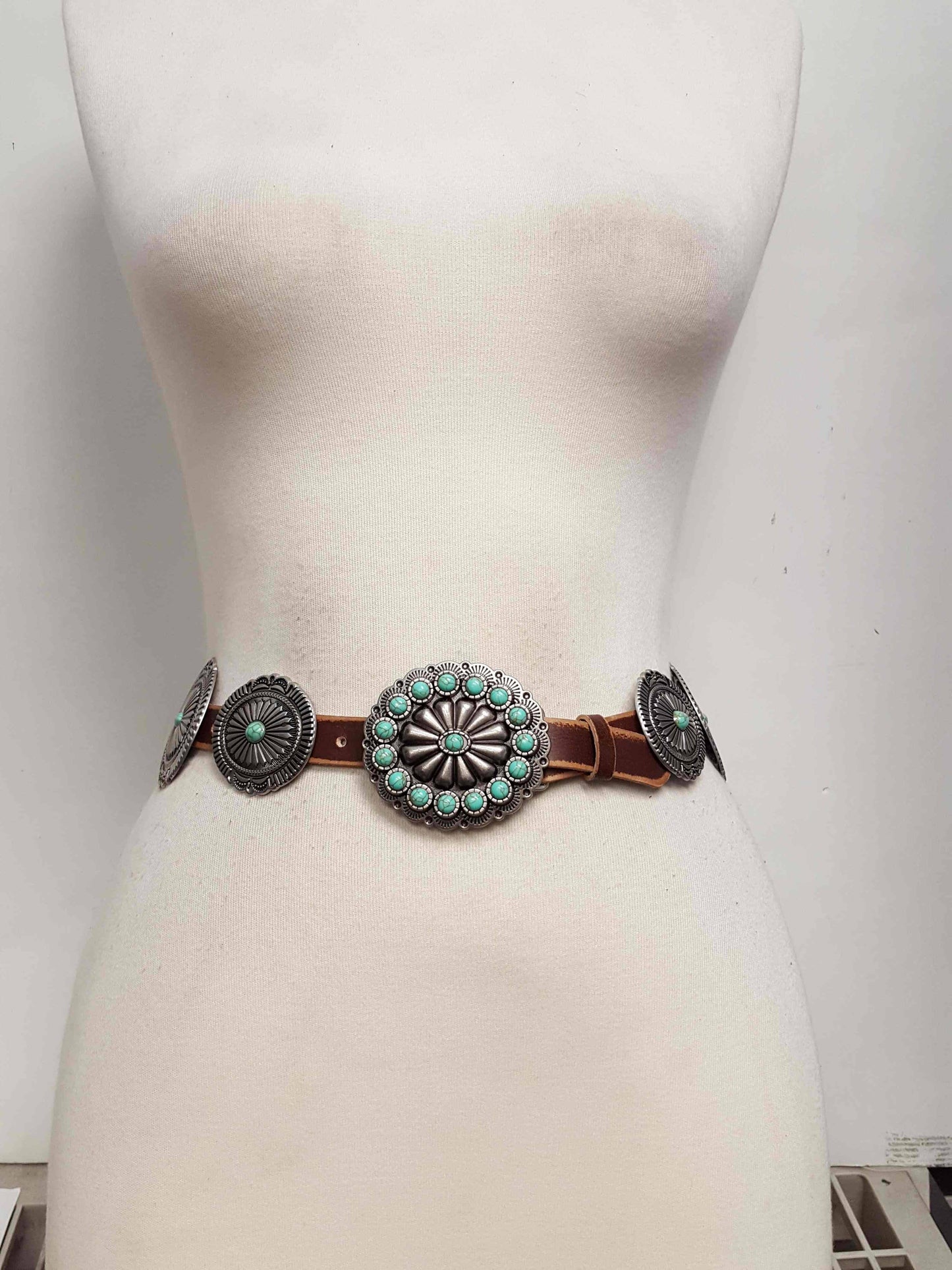 Genuine Distressed Leather Western Concho Belt with Faux Turquoise Stone Buckle
