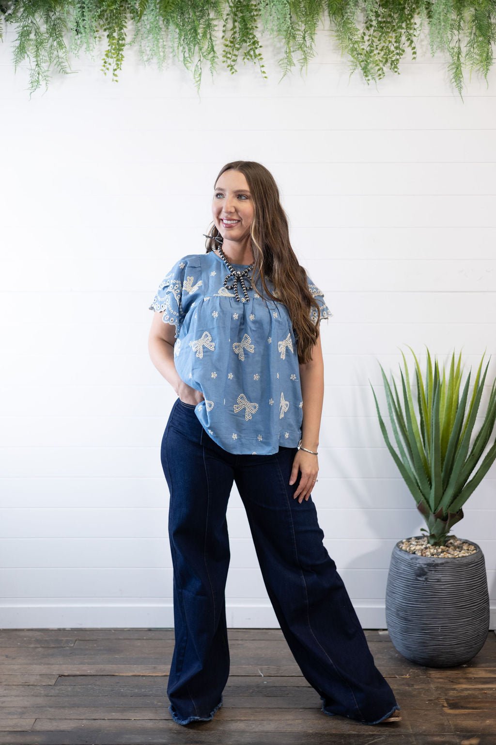 Umgee "All Tied Up" Bow Embroidered Denim Chambray Western Top — Scalloped Ruffle Sleeves Summer Charm (Medium remaining)