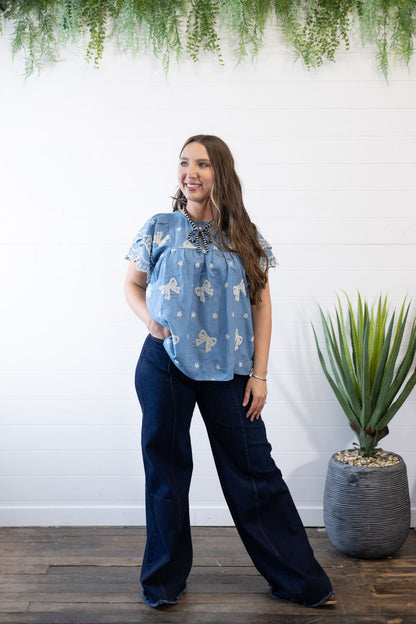 Umgee "All Tied Up" Bow Embroidered Denim Chambray Western Top — Scalloped Ruffle Sleeves Summer Charm (Medium remaining)