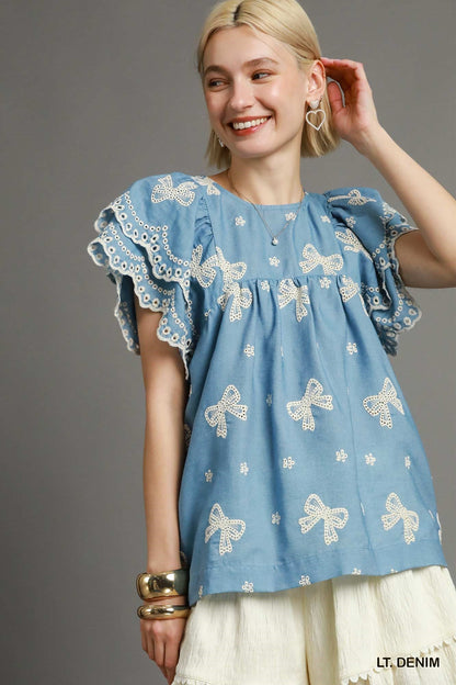 Umgee "All Tied Up" Bow Embroidered Denim Chambray Western Top — Scalloped Ruffle Sleeves Summer Charm (Medium remaining)