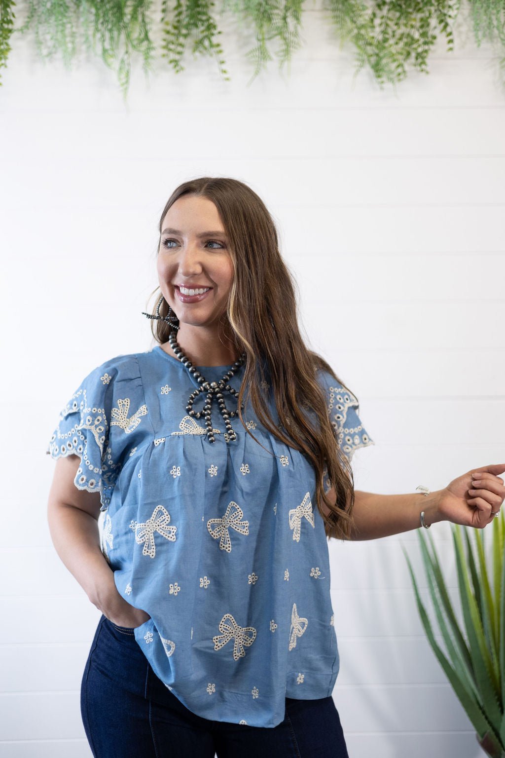 Umgee "All Tied Up" Bow Embroidered Denim Chambray Western Top — Scalloped Ruffle Sleeves Summer Charm (Medium remaining)