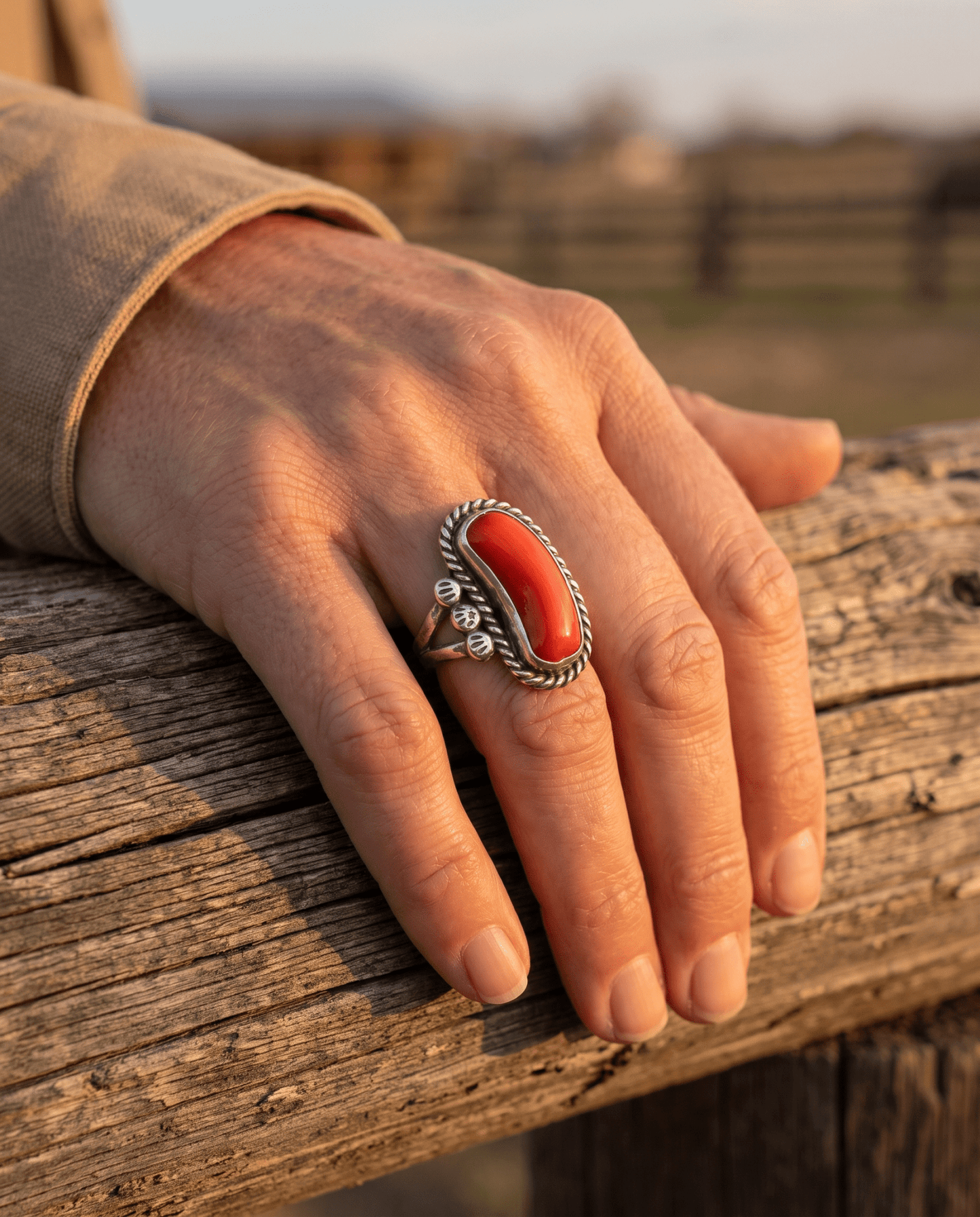 Annie Chapo Hand-Stamped Sterling Silver Coral Ring — Size 7 (Vintage Native American)