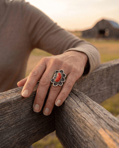 Annie Chapo Hand-Stamped Sterling Silver Coral Ring — Size 7 (Vintage Native American)