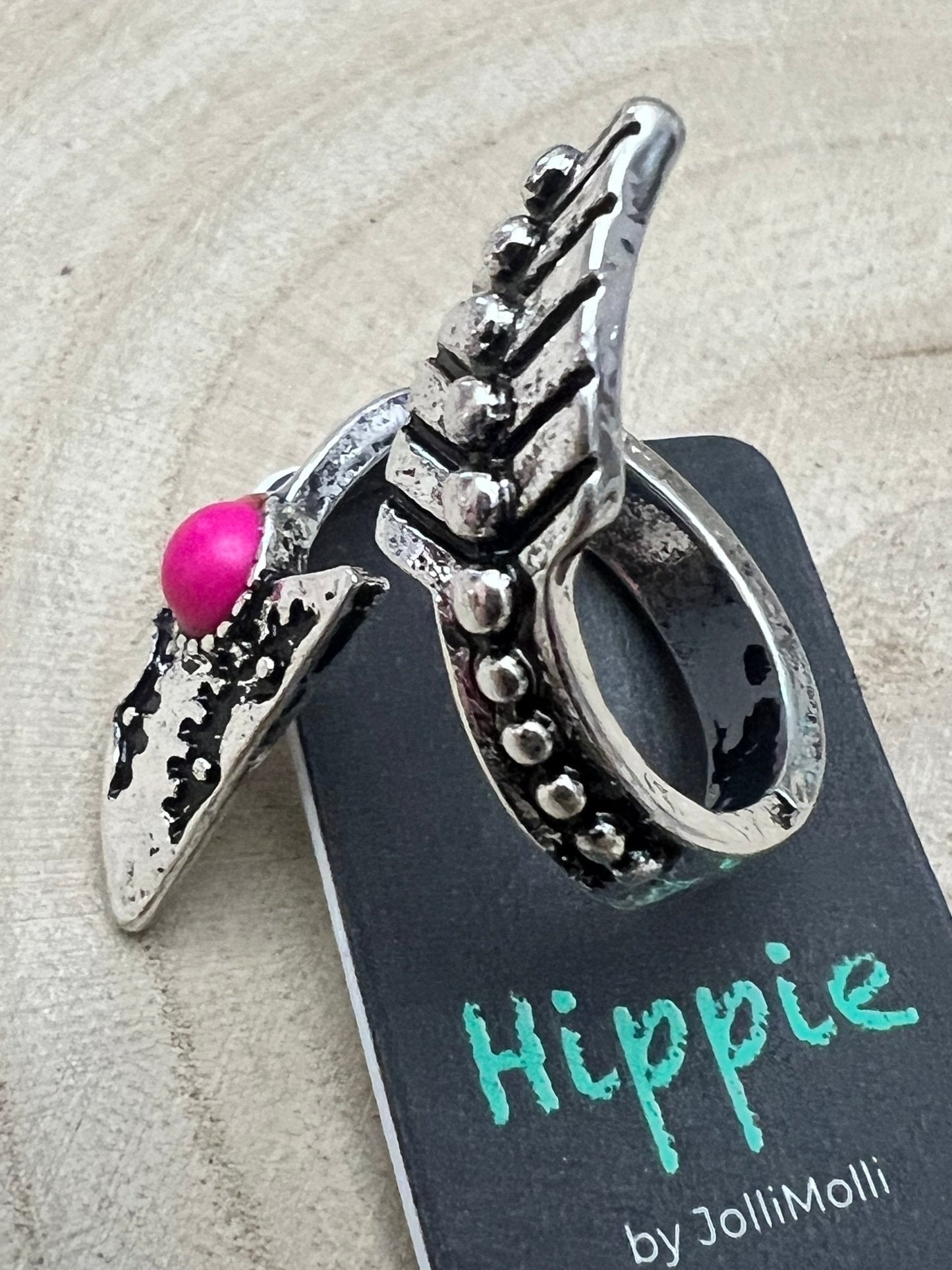 Western Arrow Head Cuff Ring with Faux Pink Stone — Adjustable Hand Statement