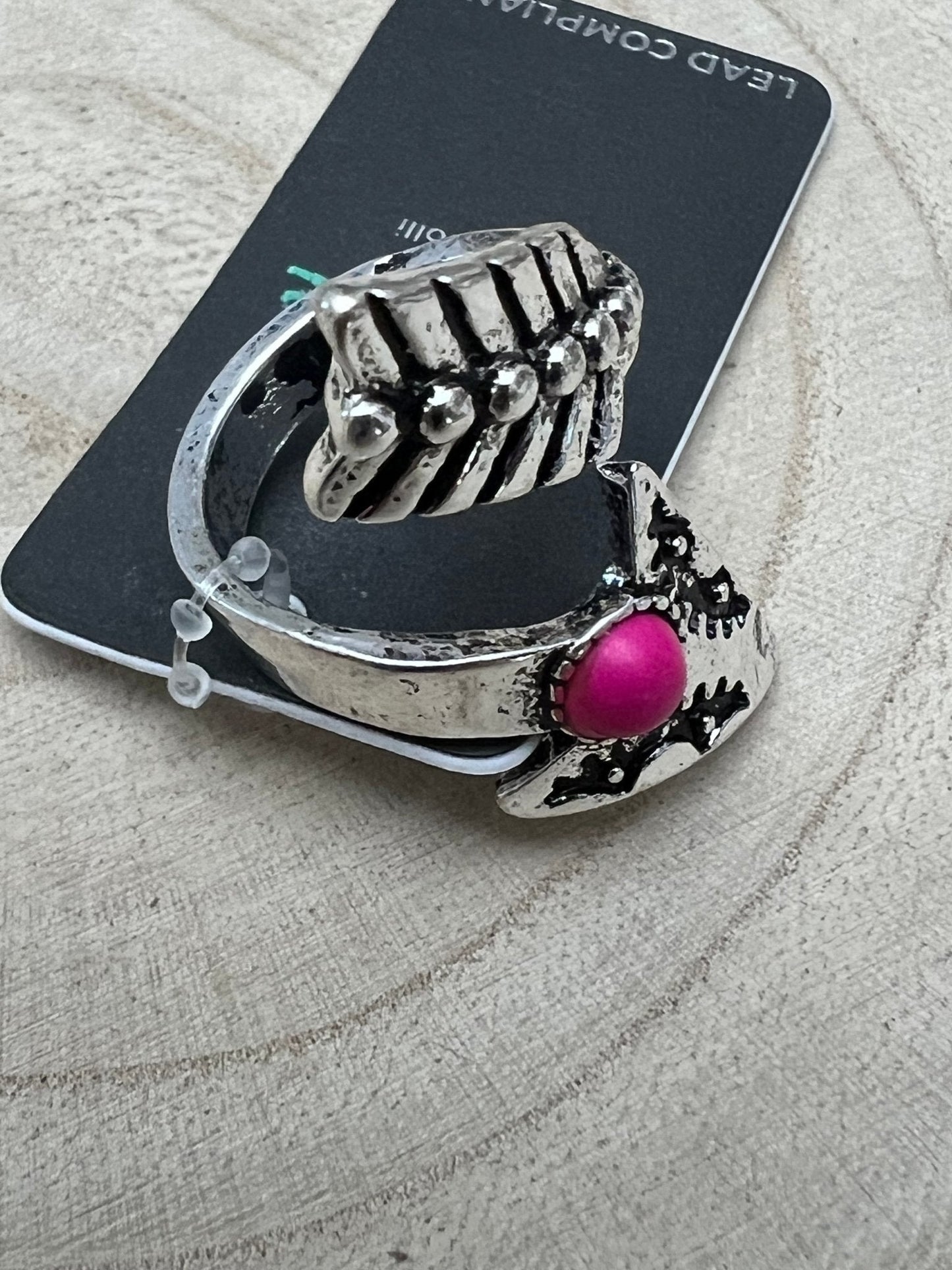 Western Arrow Head Cuff Ring with Faux Pink Stone — Adjustable Hand Statement